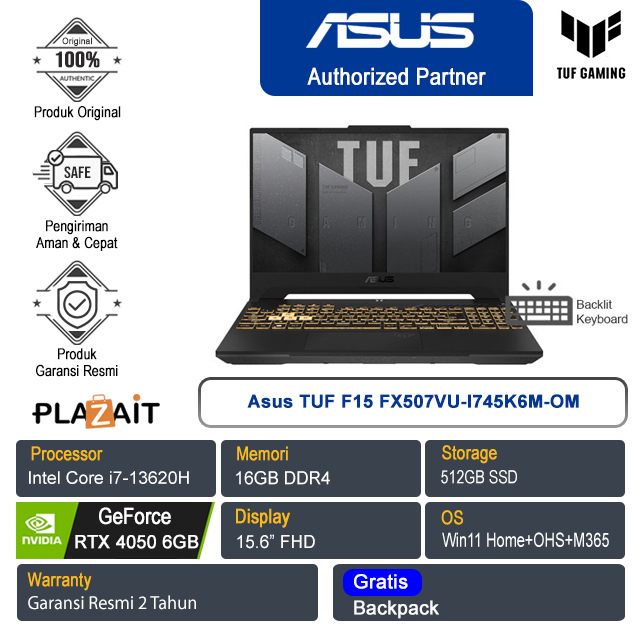 Asus TUF F15 FX507VU-I745K6M-OM /Intel Core i7-13620H/16GB/512GB SSD/NVIDIA GeForce RTX 4050 6GB/15.6" FHD/Win 11 Home+OHS+M365/Mecha Gray/2Y