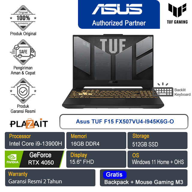 Asus TUF F15 FX507VU4-I945K6G-O/Core i9-13900H/16GB/512GB SSD/NVIDIA GeForce RTX 4050 6GB/15.6″ FHD/Win 11 Home+OHS 2021/Jaeger Gray/2Y