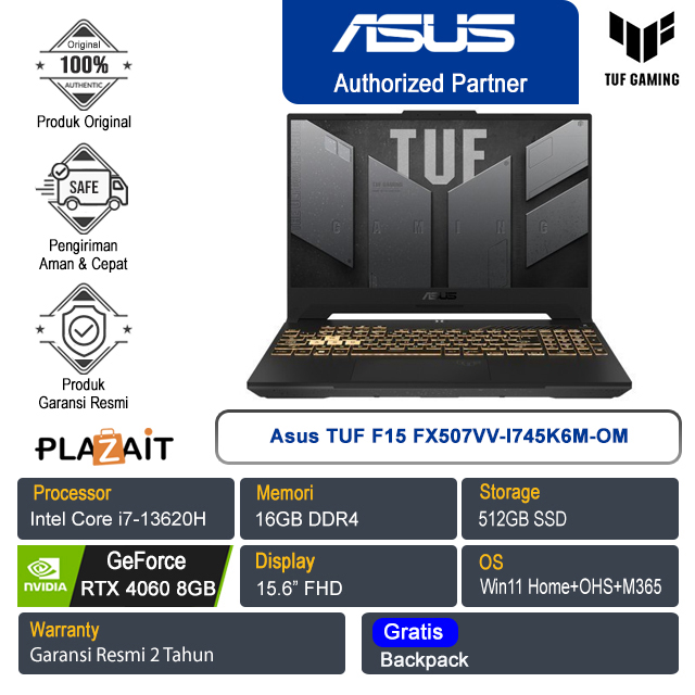 Asus TUF F15 FX507VV-I745K6M-OM /Intel Core i7-13620H/16GB/512GB SSD/NVIDIA GeForce RTX 4060 8GB/15.6″ FHD/Win 11 Home+OHS+M365/Mecha Gray/2Y