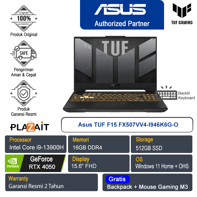 Asus TUF F15 FX507VV4-I946K6G-O/Intel Core i9-13900H/16GB/512GB SSD/NVIDIA GeForce RTX4060 8GB/15.6″ FHD/Win 11 Home+OHS 2021/Jaeger Gray/2Y