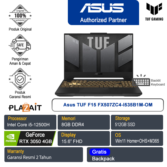Asus TUF F15 FX507ZC4-I535B1M-OM /Intel Core i5-12500H/8GB/512GB SSD/NVIDIA GeForce RTX 3050 4GB/15.6"FHD/Win 11 Home+OHS+M365/Mecha Gray/2Y