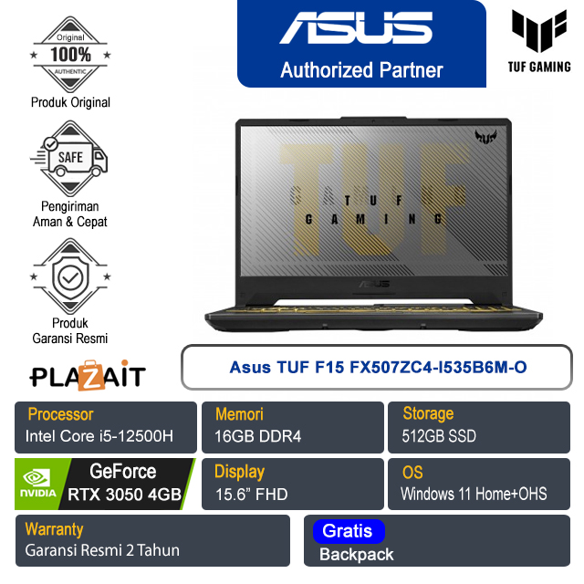 Asus TUF F15 FX507ZC4-I535B6M-O /Intel Core i5-12500H/16GB/512GB SSD/NVIDIA GeForce RTX 3050 4GB/15.6" FHD/Win 11 Home+OHS/Mecha Gray/2Y