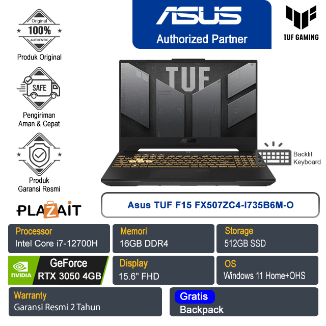 Asus TUF F15 FX507ZC4-I735B6M-O /Intel Core i7-12700H/16GB/512GB SSD/NVIDIA GeForce RTX 3050 4GB/15.6" FHD/Win 11 Home+OHS 2021/Mecha Gray/2Y