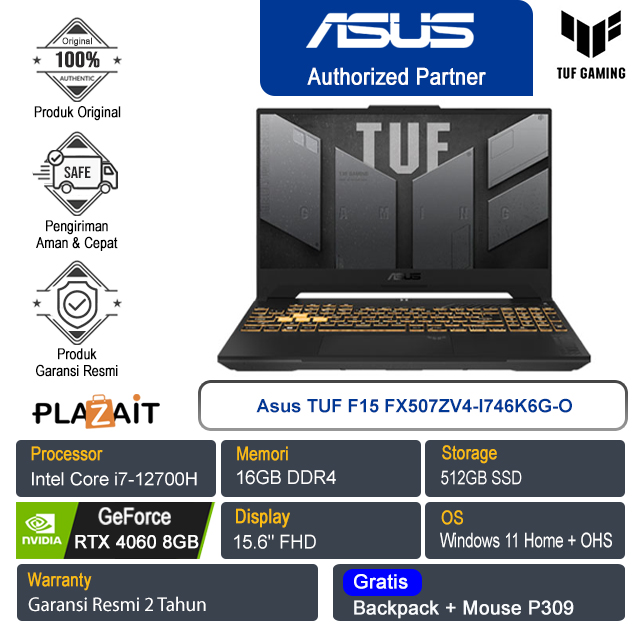 Asus TUF F15 FX507ZV4-I746K6G-O/Intel Core i7-12700H/16GB/512GB SSD/NVIDIA GeForce RTX 4060 8GB/15.6″ FHD/Win 11 Home+OHS 2021/Jaeger Gray/2Y
