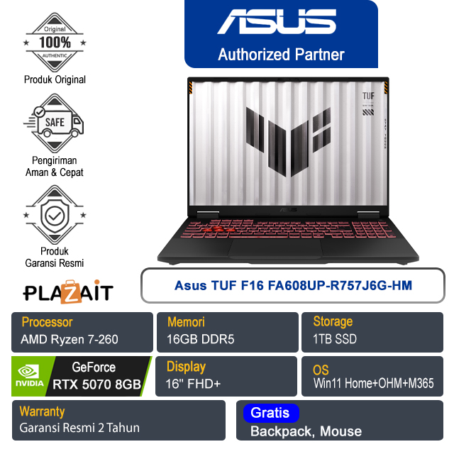 Asus TUF F16 FA608UP-R757J6G-HM /AMD Ryzen 7-260/16GB/1TB SSD/NVIDIA GeForce RTX 5070 8GB/16" FHD+/Win 11 Home+OHS+M365/Jaeger Gray/2Y