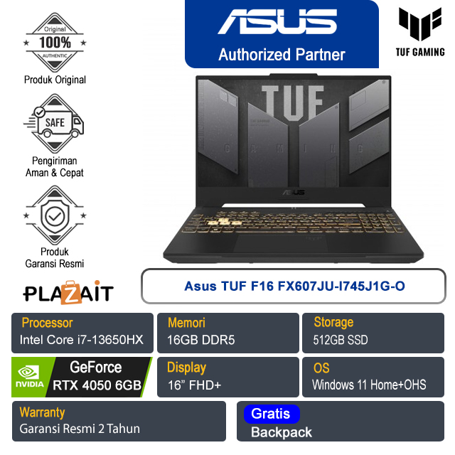 Asus TUF F16 FX607JU-I745J1G-O /Intel Core i7-13650HX/16GB/512GB SSD/NVIDIA GeForce RTX 4050 6GB/16" FHD+/Win 11 Home+OHS 2021/Jaegar Gray/2Y