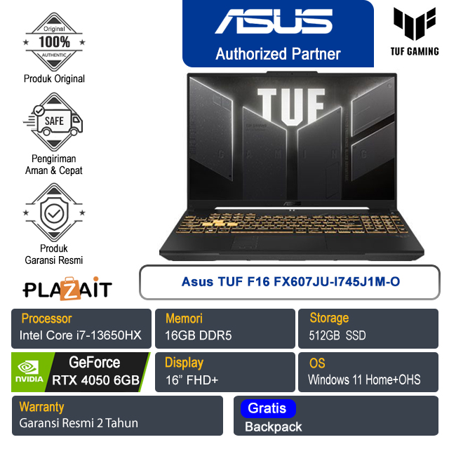 Asus TUF F16 FX607JU-I745J1M-O /Intel Core i7-13650HX/16GB/512GB SSD/NVIDIA GeForce RTX 4050 6GB/16" FHD+/Win 11 Home+OHS/Jaeger Gray/2Y