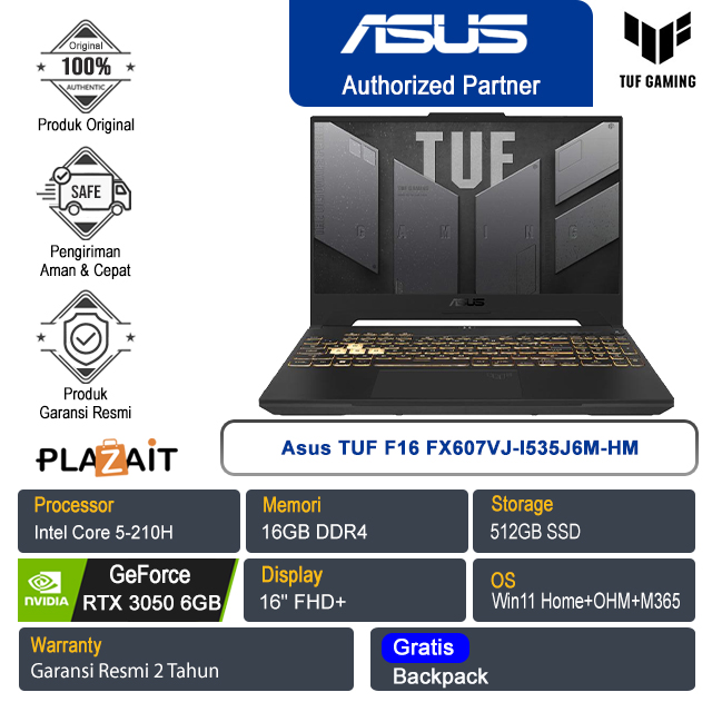 Asus TUF F16 FX607VJ-I535J6M-HM /Intel Core 5-210H/16GB/512GB SSD/NVIDIA GeForce RTX 3050 6GB/16" FHD+/Win 11 Home+OHS+M365/Mecha Gray/2Y