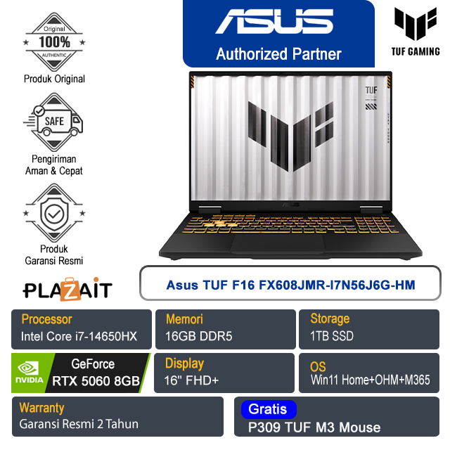 Asus TUF F16 FX608JMR-I7N56J6G-HM /Intel Core i7-14650HX/16GB/1TB SSD/NVIDIA GeForce RTX 5060 8GB/16" FHD+/Win 11 Home+OHS+M365/Jaeger Gray/2Y