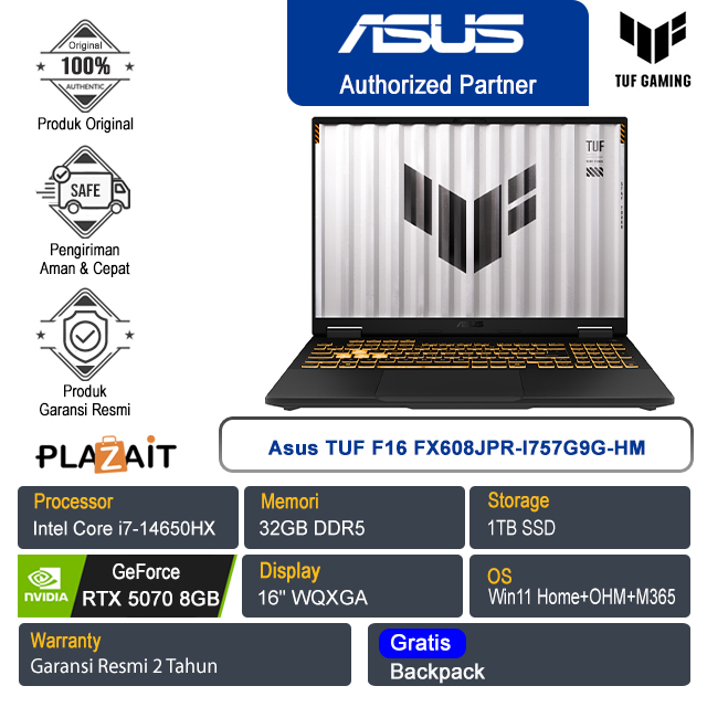 Asus TUF F16 FX608JPR-I757G9G-HM /Intel Core i7-14650HX/32GB/1TB SSD/NVIDIA GeForce RTX 5070 8GB/16" WQXGA/Win 11 Home+OHS+M365/Jaeger Gray/2Y