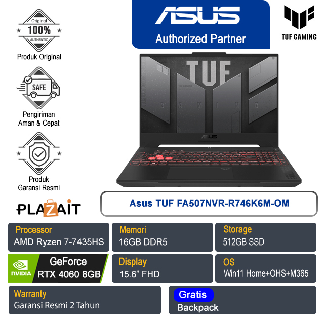 Asus TUF FA507NVR-R746K6M-OM /AMD Ryzen 7-7435HS/16GB/512GB SSD/NVIDIA GeForce RTX 4060 8GB/15.6″ FHD/Win 11 Home+OHS+M365/Mecha Gray/2Y