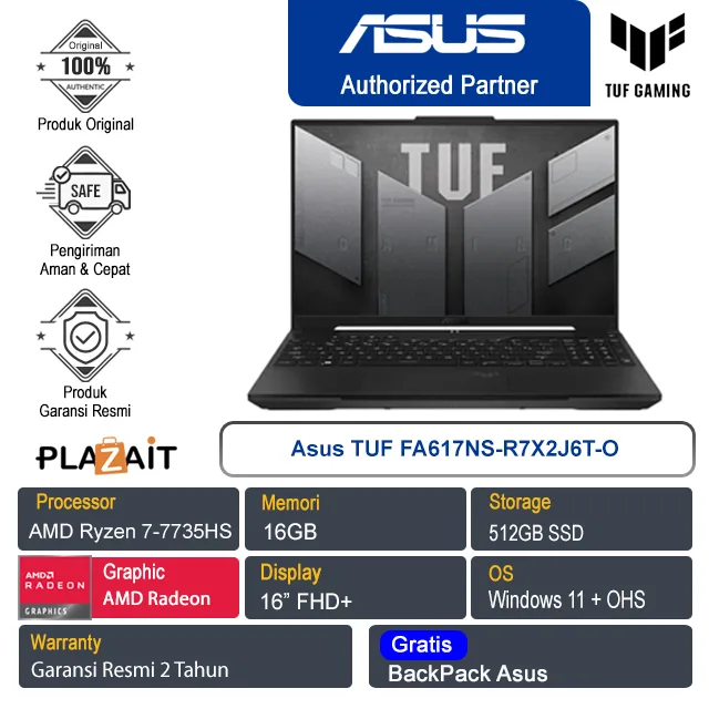 Asus TUF FA617NS-R7X2J6T-O /AMD Ryzen 7-7735HS/16GB/512GB SSD/AMD Radeon RX7600S 8GB/16″ FHD+/Win 11 Home+OHS 2021/Off Black/2Y