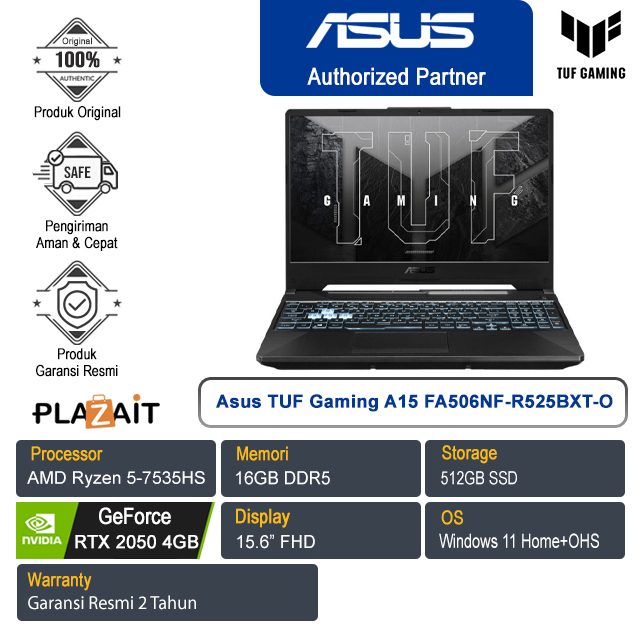 Asus TUF Gaming A15 FA506NF-R525BXT-O /AMD Ryzen 5-7535H/16GB/512GB SSD/NVIDIA GeForce RTX 2050 4GB/15.6" FHD/Win 11 Home+OHS 2021/Graphite Black/2Y