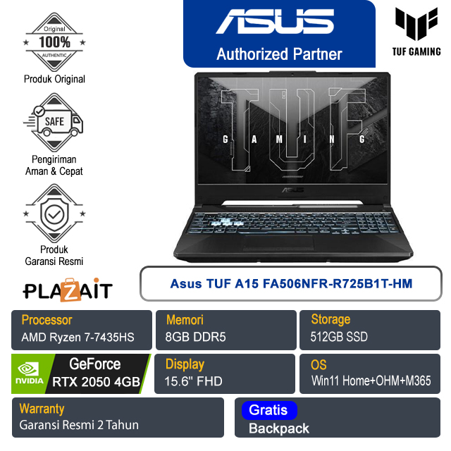 Asus TUF A15 FA506NFR-R725B1T-HM /AMD Ryzen 7-7435HS/8GB/512GB SSD/NVIDIA GeForce RTX 2050 4GB/15.6" FHD/Win 11 Home+OHM+M365/Graphite Black/2Y