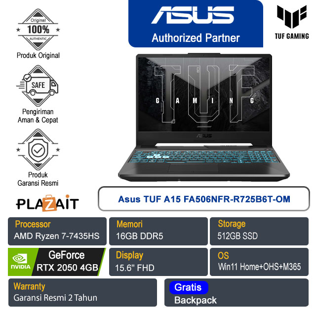 Asus TUF A15 FA506NFR-R725B6T-OM /AMD Ryzen 7-7435HS /16GB /512GB  SSD/NVIDIA GeForce RTX 2050 4GB/15.6" FHD/Win 11 Home+OHS+M365/Graphite Black/2Y