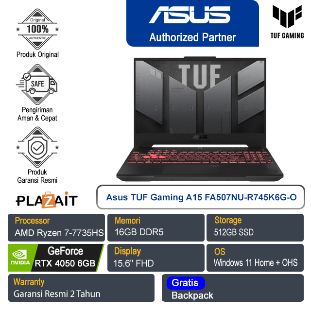 Asus TUF Gaming A15 FA507NU-R745K6G-O/AMD Ryzen 7-7735HS/16GB/512GB SSD/Nvidia Geforce RTX 4050 6GB/15.6 FHD/Win11 Home + OHS/Jaeger Grey/2Y