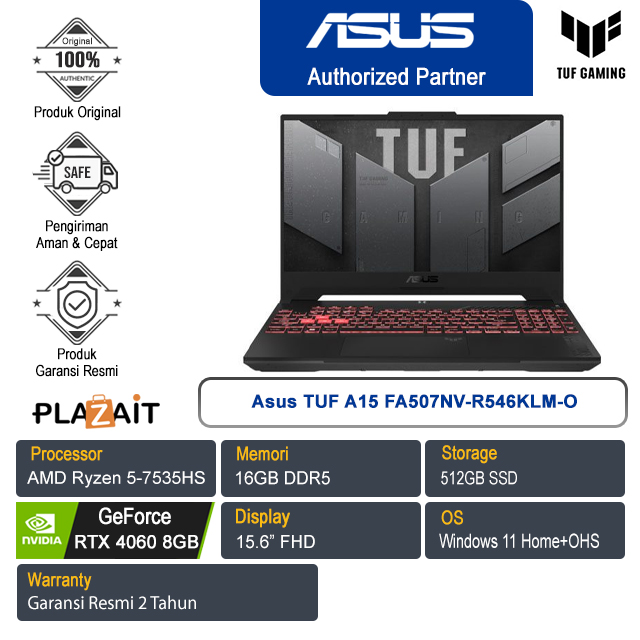 Asus TUF Gaming A15 FA507NV-R546KLM-O /AMD Ryzen 5-7535HS/16GB/512GB SSD/NVIDIA GeForce RTX 4060 8GB/15.6" FHD/Win 11 Home+OHS 2021/Mecha Gray/2Y