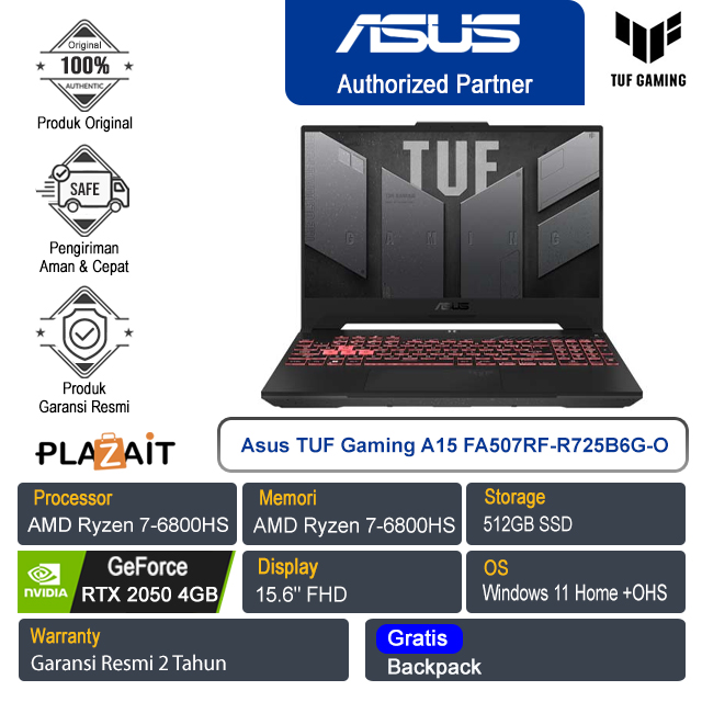 Asus TUF Gaming A15 FA507RF-R725B6G-O/AMD Ryzen 7-6800HS/8GB/512GB SSD/NVIDIA GeForce RTX 2050 4GB/15.6" FHD/Win 11 Home+OHS/Jaeger Gray/2Y