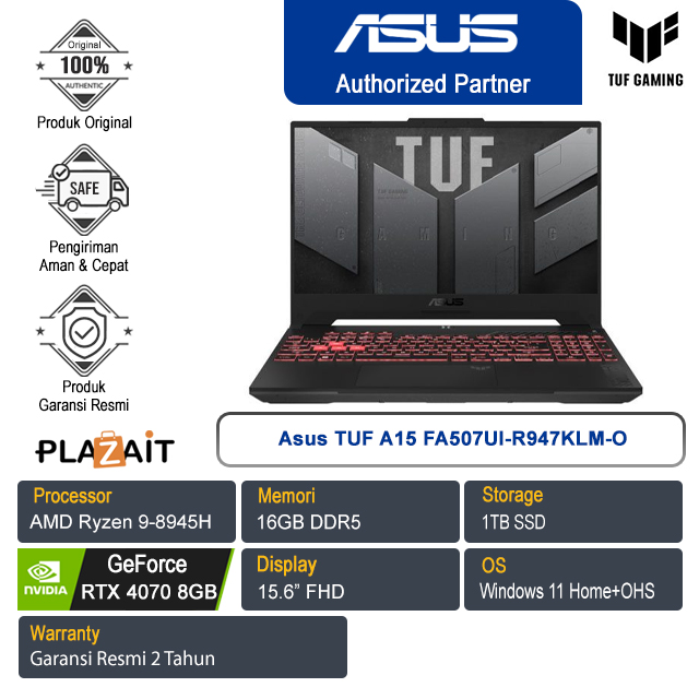Asus TUF Gaming A15 FA507UI-R947KLM-O /AMD Ryzen 9 8945H/16GB/1TB SSD/NVIDIA GeForce RTX 4070 8GB/15.6" FHD/Win 11 Home+OHS 2021/Mecha Gray/2Y