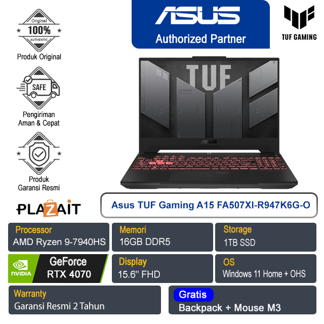 Asus TUF Gaming A15 FA507XI-R947K6G-O/AMD Ryzen 9-7940HS/16GB/1TB SSD/NVIDIA GeForce RTX 4070/15.6" FHD/Win 11 Home+OHS 2021/Jaeger Gray/2Y