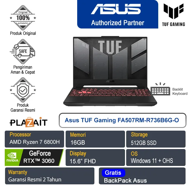 Asus TUF Gaming FA507RM-R736B6G-O/AMD Ryzen 7-6800H/16GB/512GB SSD/Nvidia Geforce RTX3060 6GB/15.6" FHD/Win11 Home+OHS/Jaeger Gray/2Y
