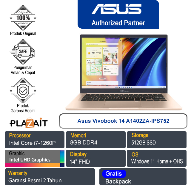 Asus Vivobook 14 A1402ZA-IPS752/Intel Core i7-1260P/8GB/512GB SSD/Intel UHD Graphics/14″FHD/Win 11 Home+OHS/Terra Cotta/2Y