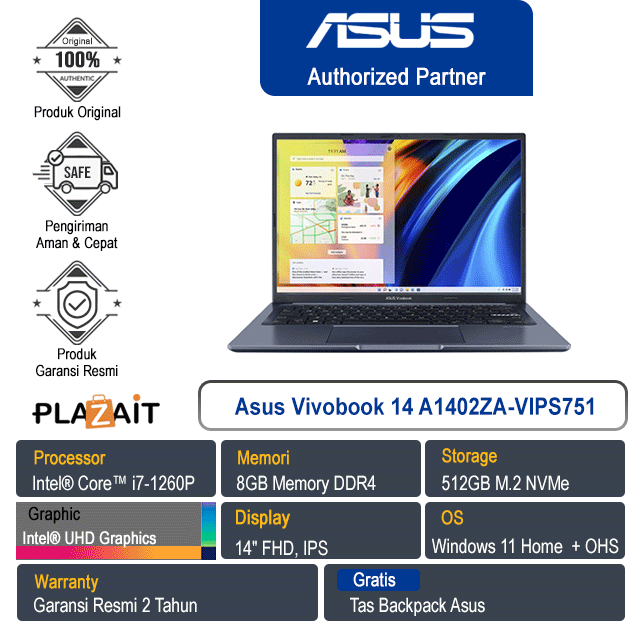 Asus Vivobook 14 A1402ZA-VIPS751 /Intel Core i7-1260P/8GB/512GB SSD/Intel UHD Graphics/14″ FHD/Win 11 Home+OHS 2021/Quiet Blue/2Y
