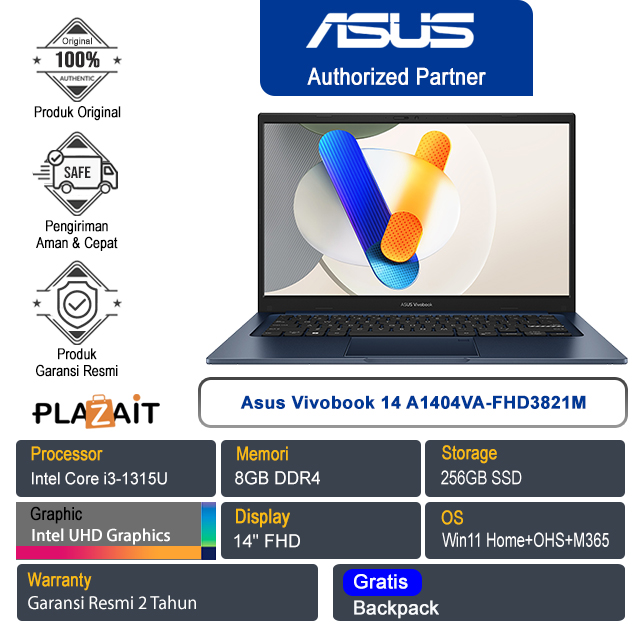 Asus Vivobook 14 A1404VA-FHD3821M /Intel Core i3-1315U/8GB/256GB SSD/Intel UHD Graphics/14" FHD/Win 11 Home+OHS+M365/Quiet Blue/2Y