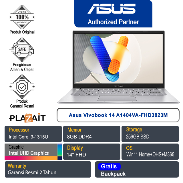 Asus Vivobook 14 A1404VA-FHD3823M /Intel Core i3-1315U/8GB/256GB SSD/Intel UHD Graphics/14" FHD/Win 11 Home+OHS+M365/Cool Silver/2Y