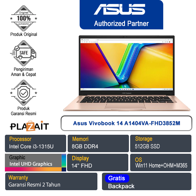 Asus Vivobook 14 A1404VA-FHD3852M /Intel Core i3-1315U/8GB/512GB SSD/Intel UHD Graphics/14" FHD/Win 11 Home+OHM+M365/Terra Cotta/2Y
