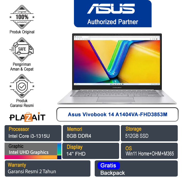 Asus Vivobook 14 A1404VA-FHD3853M /Intel Core i3-1315U/8GB/512GB SSD/Intel UHD Graphics/14" FHD/Win 11 Home+OHM+M365/Cool Silver/2Y