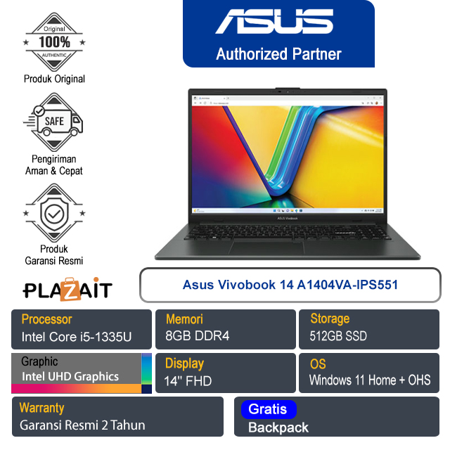 Asus VivoBook 14 A1404VA-IPS551/Intel Core i5-1335U/8GB/512GB SSD/Intel UHD Graphics/14" FHD/Win 11 Home+OHS/Quiet Blue/2Y