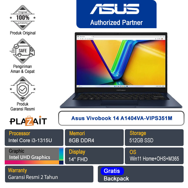 Asus Vivobook 14 A1404VA-VIPS351M /Intel Core i3-1315U/8GB/512GB SSD/Intel UHD Graphics/14" FHD/Win 11 Home+OHS+M365/Quiet Blue/2Y