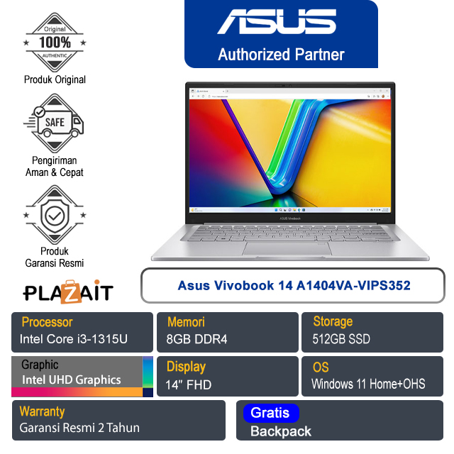 Asus Vivobook 14 A1404VA-VIPS352 /Intel Core i3-1315U/8GB/512GB SSD/Intel UHD Graphics/14″ FHD/Win 11 Home+OHS 2021/Transparent Silver/2Y