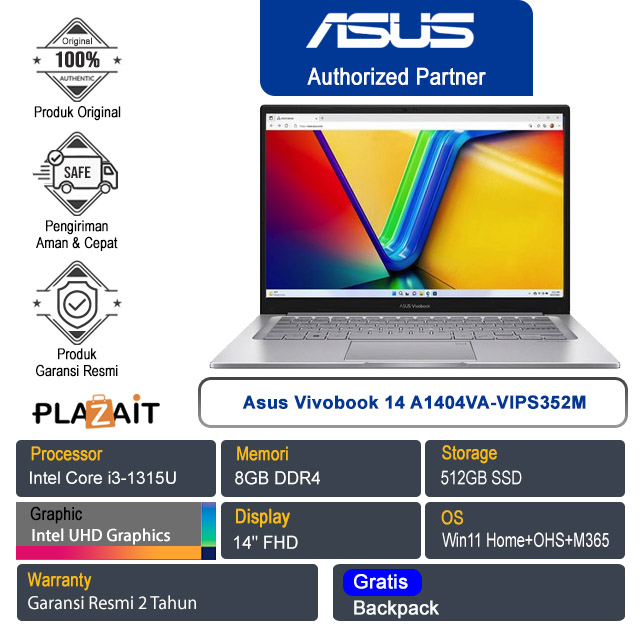Asus Vivobook 14 A1404VA-VIPS352M /Intel Core i3-1315U/8GB/512GB SSD/Intel UHD Graphics/14" FHD/Win 11 Home+OHS+M365/Transparent Silver/2Y