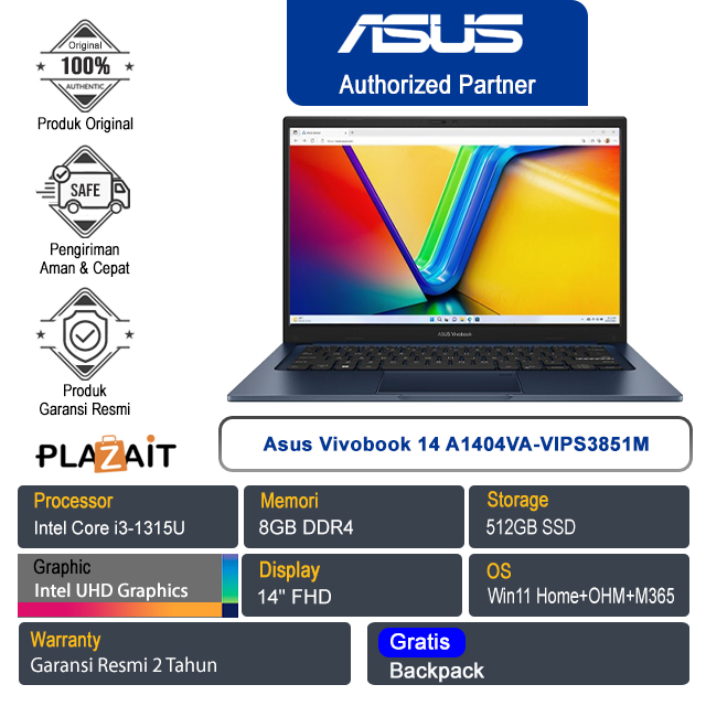 Asus Vivobook 14 A1404VA-VIPS3851M /Intel Core i3-1315U/8GB/512GB SSD/Intel UHD Graphics/14" FHD/Win 11 Home+OHM+M365/Quiet Blue/2Y