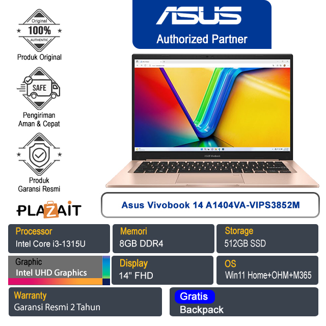 Asus Vivobook 14 A1404VA-VIPS3852M /Intel Core i3-1315U/8GB/512GB SSD/Intel UHD Graphics/14" FHD/Win 11 Home+OHM+M365/Terra Cotta/2Y