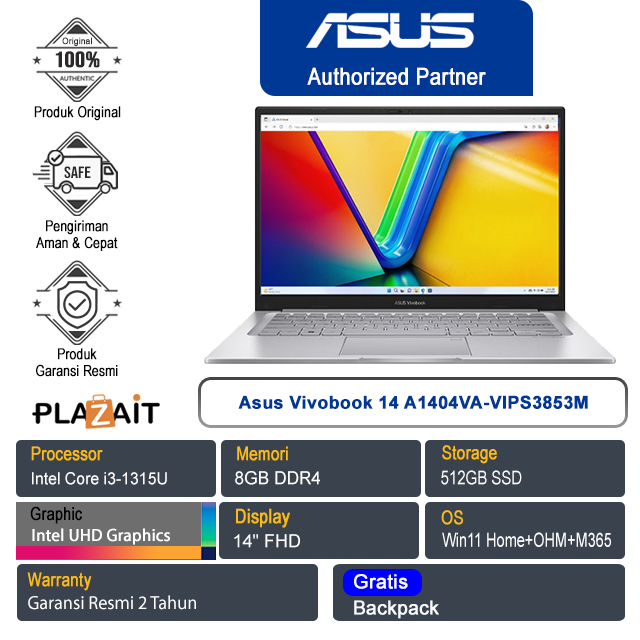 Asus Vivobook 14 A1404VA-VIPS3853M /Intel Core i3-1315U/8GB/512GB SSD/Intel UHD Graphics/14" FHD/Win 11 Home+OHM+M365/Transparent Silver/2Y
