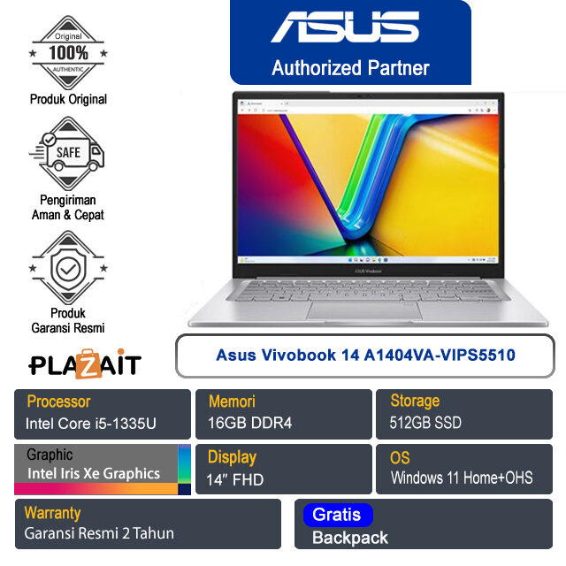 Asus Vivobook 14 A1404VA-VIPS5510 /Intel Core i5-1335U/16GB/512GB SSD/Intel Iris Xᵉ Graphics/14" FHD/Win 11 Home+OHS/Cool Silver/2Y