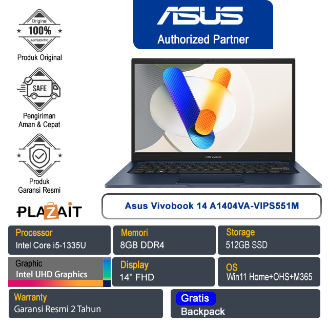 Asus Vivobook 14 A1404VA-VIPS551M /Intel Core i5-1335U/8GB/512GB SSD/Intel UHD Graphics/14" FHD/Win 11 Home+OHS+M365/Quiet Blue/2Y
