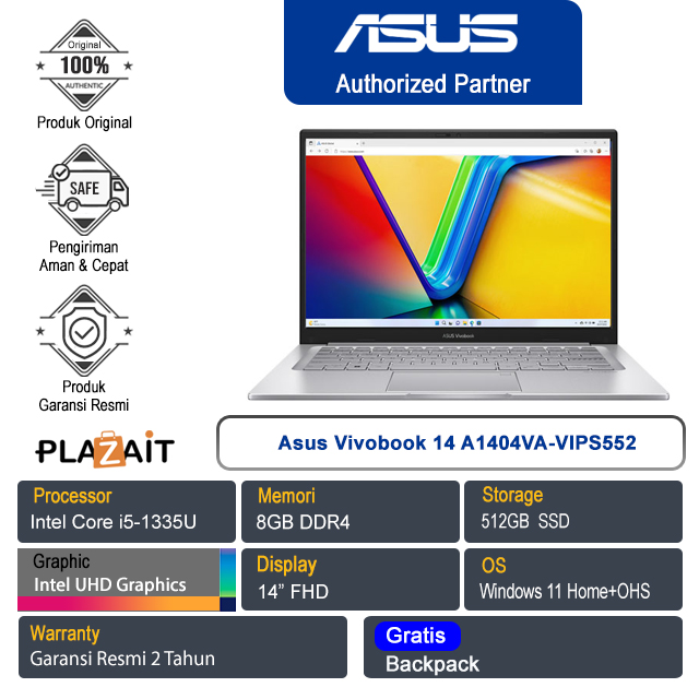 Asus Vivobook 14 A1404VA-VIPS552 /Intel Core i5-1335U/8GB/512GB SSD/Intel UHD Graphics/14″ FHD/Win 11 Home+OHS 2021/Transparent Silver/2Y