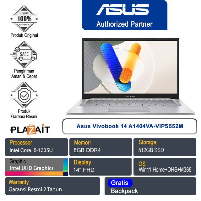 Asus Vivobook 14 A1404VA-VIPS552M /Intel Core i5-1335U/8GB/512GB SSD/Intel UHD Graphics/14" FHD/Win 11 Home+OHS+M365/Cool Silver/2Y