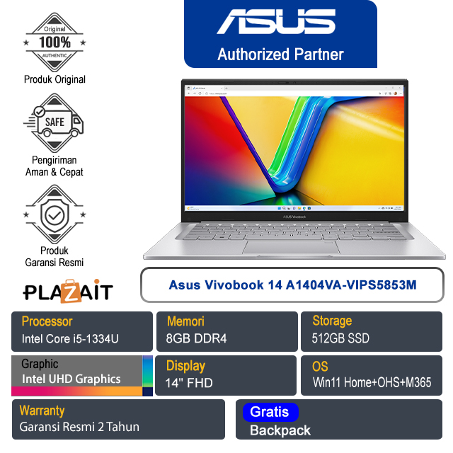 Asus Vivobook 14 A1404VA-VIPS5853M /Intel Core i5-1334U/8GB/512GB SSD/Intel UHD Graphics/14" FHD/Win 11 Home+OHS+M365/Cool Silver/2Y