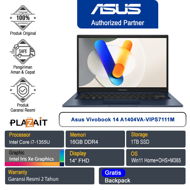 Asus Vivobook 14 A1404VA-VIPS7111M /Intel Core i7-1355U/16GB/1TB SSD/Intel Iris Xe Graphics/14" FHD/Win 11 Home+OHS+M365/Quiet Blue/2Y