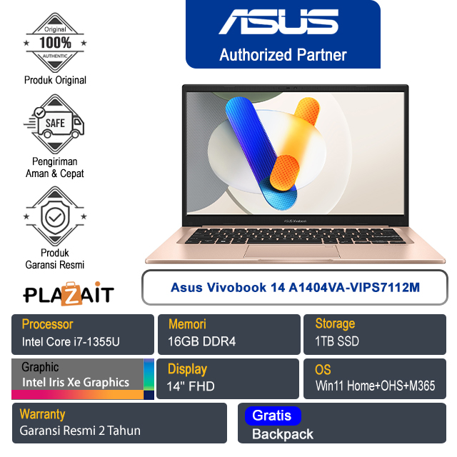 Asus Vivobook 14 A1404VA-VIPS7112M /Intel Core i7-1355U/16GB/1TB SSD/Intel Iris Xe Graphics/14" FHD/Win 11 Home+OHS+M365/Terra Cotta/2Y