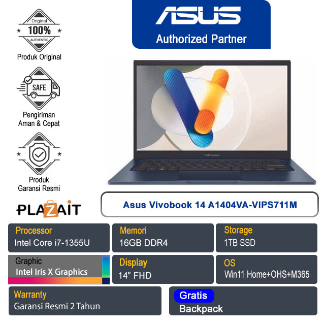 Asus Vivobook 14 A1404VA-VIPS711M /Intel Core i7-1355U/16GB/1TB SSD/Intel Iris X Graphics/14" FHD/Win 11 Home+OHS+M365/Quiet Blue/2Y