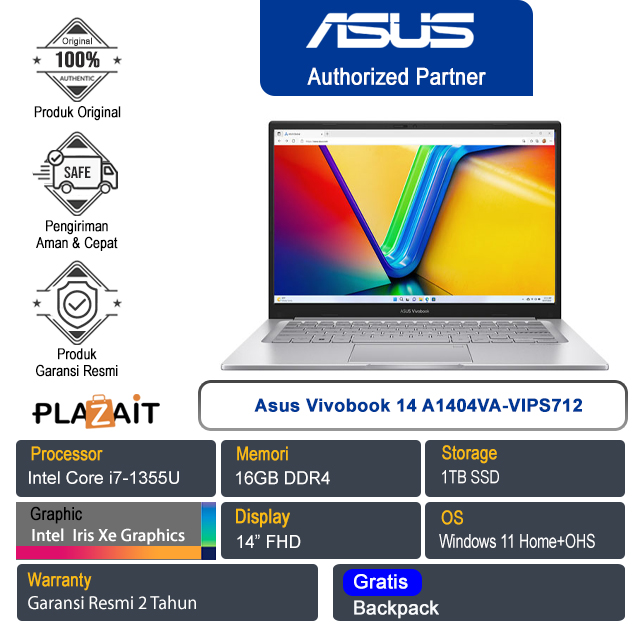 Asus Vivobook 14 A1404VA-VIPS712 /Intel Core i7-1355U/16GB /1TB SSD/Intel Iris Xe Graphics/14″ FHD/Win 11 Home+OHS 2021/Transparent Silver/2Y