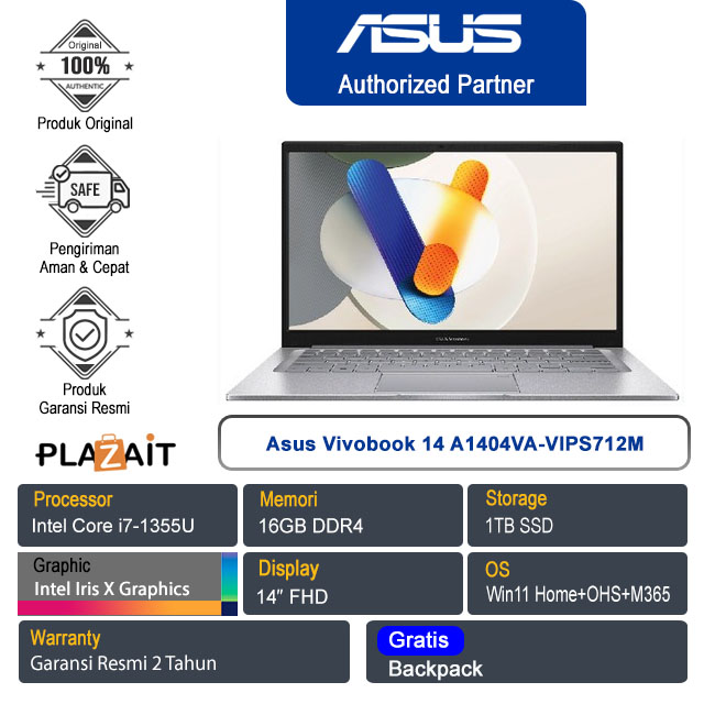 Asus Vivobook 14 A1404VA-VIPS712M /Intel Core i7-1355U/16GB/1TB SSD/Intel Iris X Graphics/14" FHD/Win 11 Home+OHS+M365/Transparent Silver/2Y