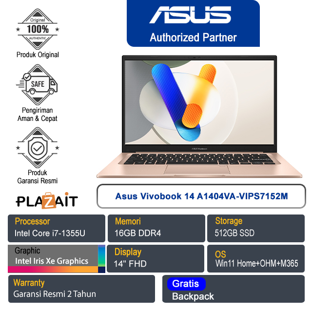 Asus Vivobook 14 A1404VA-VIPS7152M /Intel Core i7-1355U/16GB/512GB SSD/Intel Iris Xᵉ Graphics/14" FHD/Win 11 Home+OHS+M365/Terra Cotta/2Y