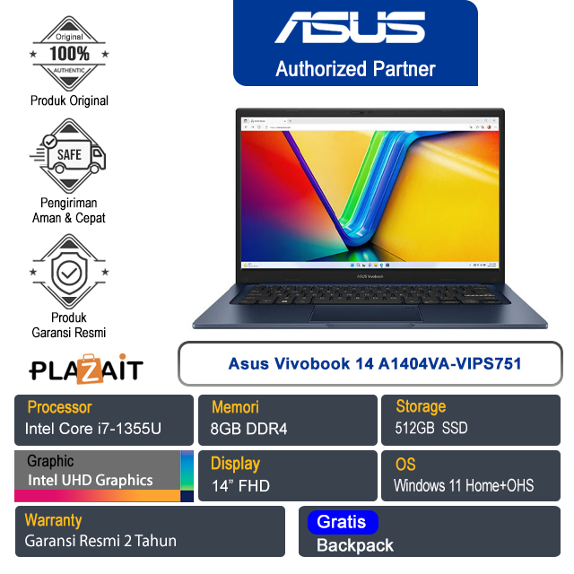 Asus Vivobook 14 A1404VA-VIPS751 /Intel Core i7-1355U/8GB/512GB SSD/Intel UHD Graphics/14″ FHD/Win 11 Home+OHS 2021/Quiet Blue/2Y